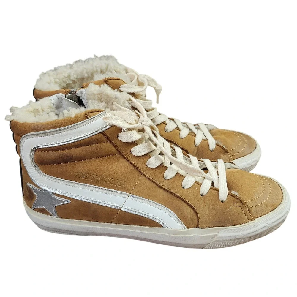 Golden Goose Slide Tan Suede Shearling Lined High Top Sneakers Silver Star 37